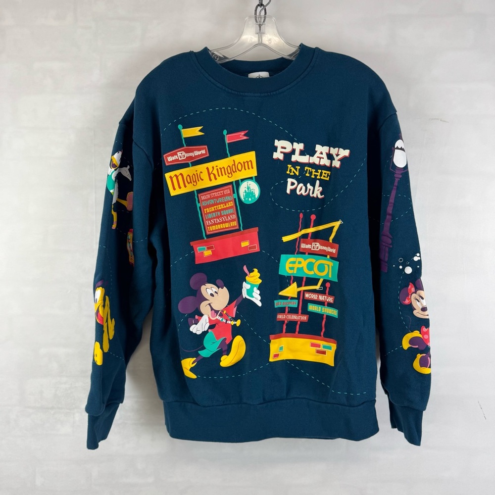 Disney Parks Magic Kingdom Epcot Allover Print Sweatshirt Blue Adult L